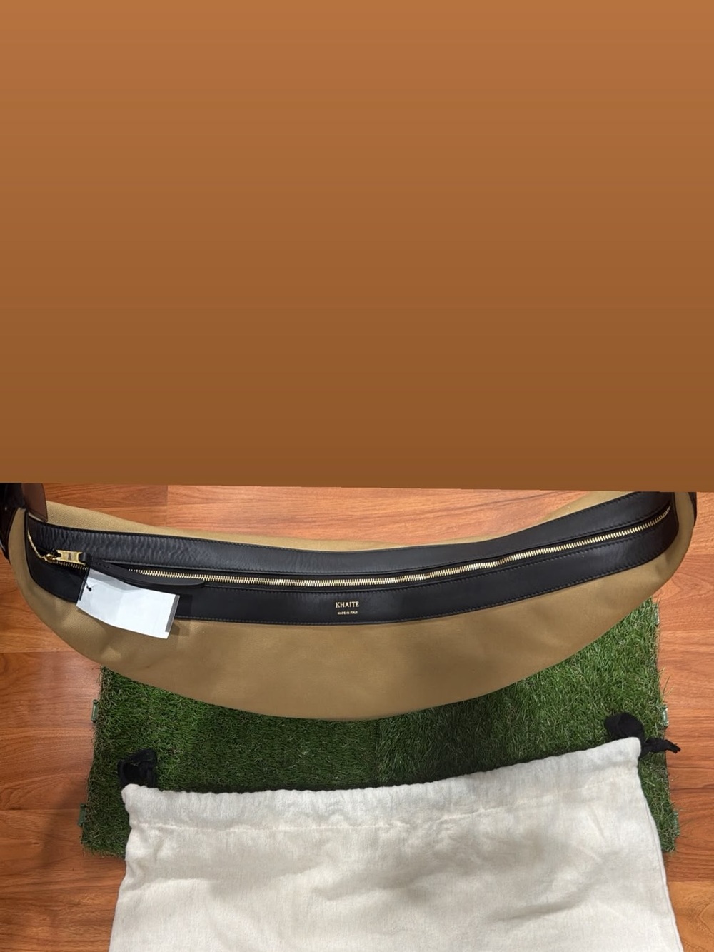 KHAITE Tan Canvas Crescent Bag with Black Leather Trim - Picture 5 of 7